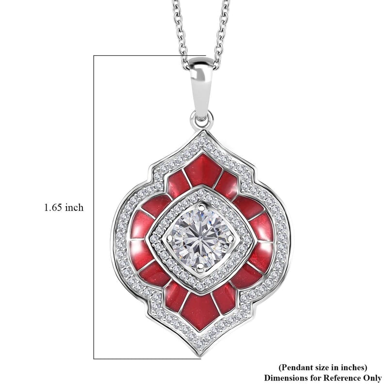 Moissanite 2.75 ctw and Red Enameled Pendant Necklace 20 Inches Platinum Over Sterling Silver
