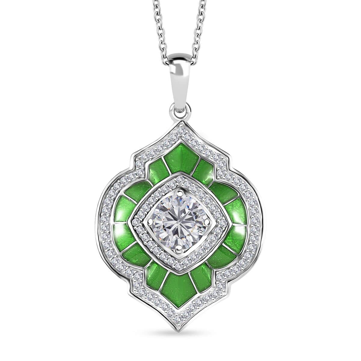 Moissanite 2.75 ctw and Green Enameled Pendant Necklace 20 Inches in Platinum Over Sterling Silver image number 0