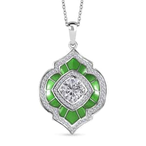 Moissanite 2.75 ctw and Green Enameled Pendant Necklace 20 Inches in Platinum Over Sterling Silver