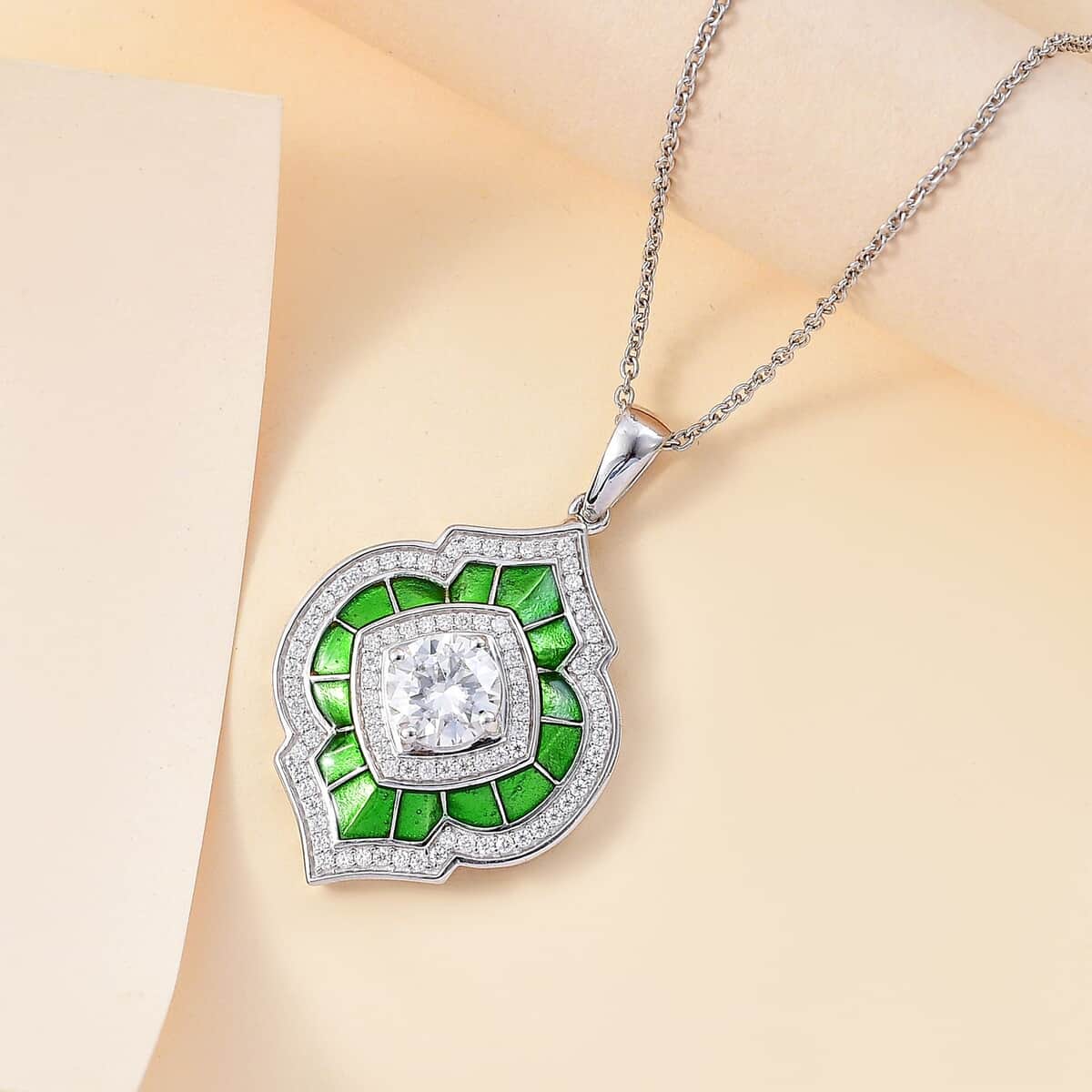 Moissanite 2.75 ctw and Green Enameled Pendant Necklace 20 Inches in Platinum Over Sterling Silver image number 1