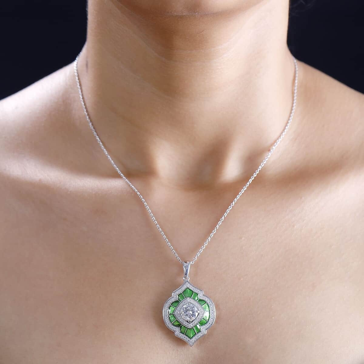 Moissanite 2.75 ctw and Green Enameled Pendant Necklace 20 Inches in Platinum Over Sterling Silver image number 2