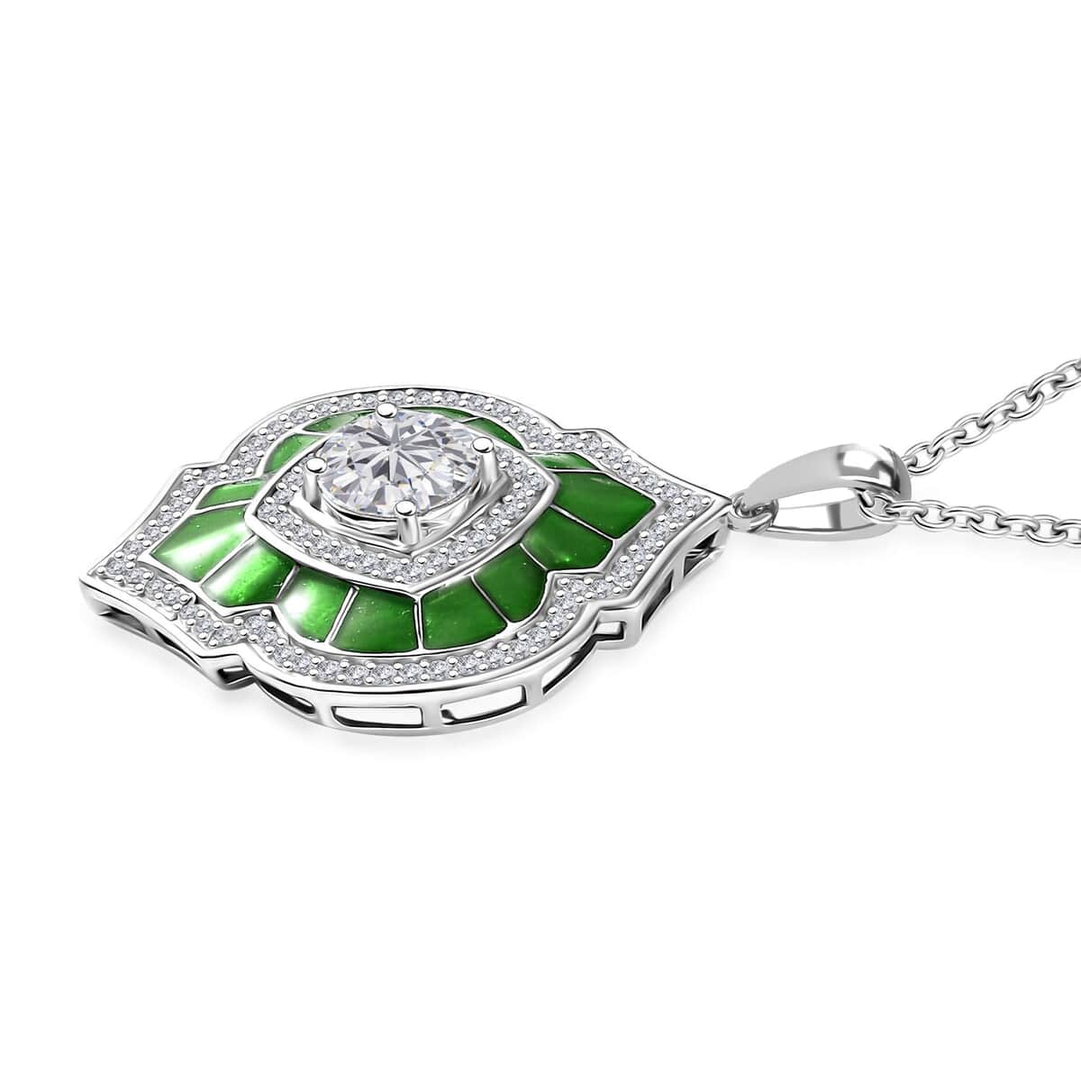 Moissanite 2.75 ctw and Green Enameled Pendant Necklace 20 Inches in Platinum Over Sterling Silver image number 3