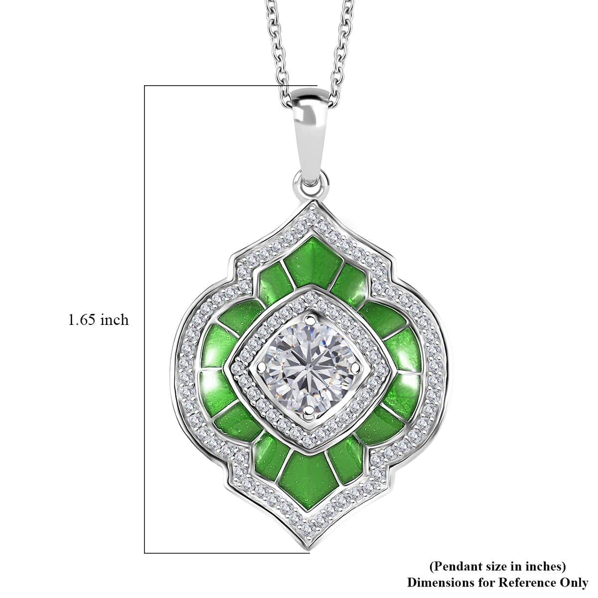 Moissanite 2.75 ctw and Green Enameled Pendant Necklace 20 Inches in Platinum Over Sterling Silver image number 6