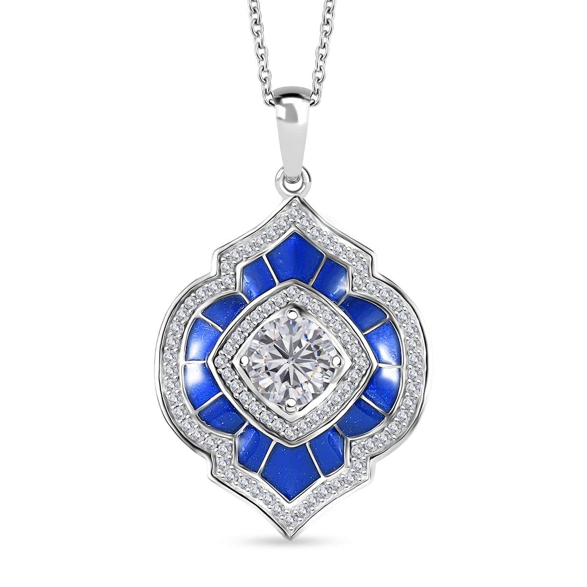 Moissanite 2.75 ctw and Blue Enameled Pendant Necklace 20 Inches in Platinum Over Sterling Silver image number 0