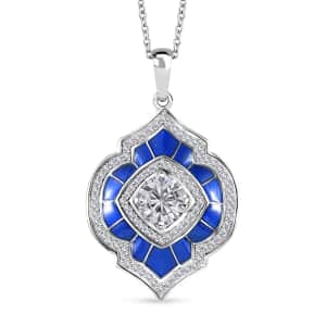 Moissanite 2.75 ctw and Blue Enameled Pendant Necklace 20 Inches in Platinum Over Sterling Silver