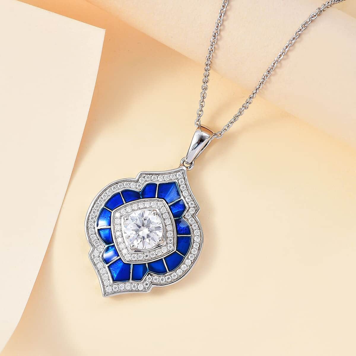 Moissanite 2.75 ctw and Blue Enameled Pendant Necklace 20 Inches in Platinum Over Sterling Silver image number 1