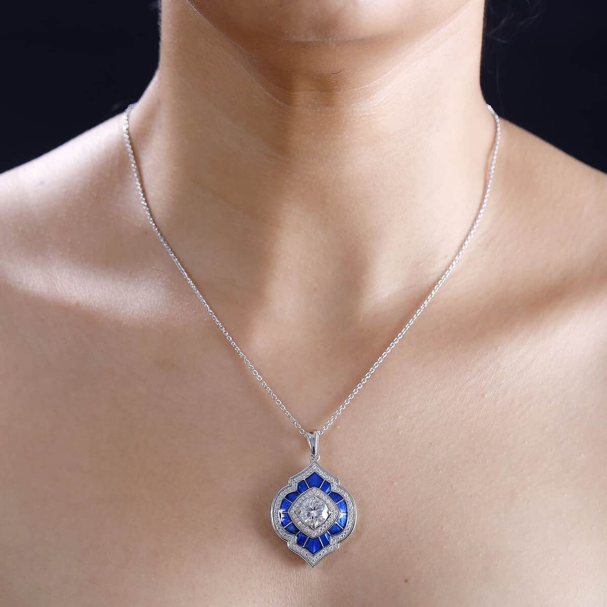 Moissanite 2.75 ctw and Blue Enameled Pendant Necklace 20 Inches in Platinum Over Sterling Silver image number 2