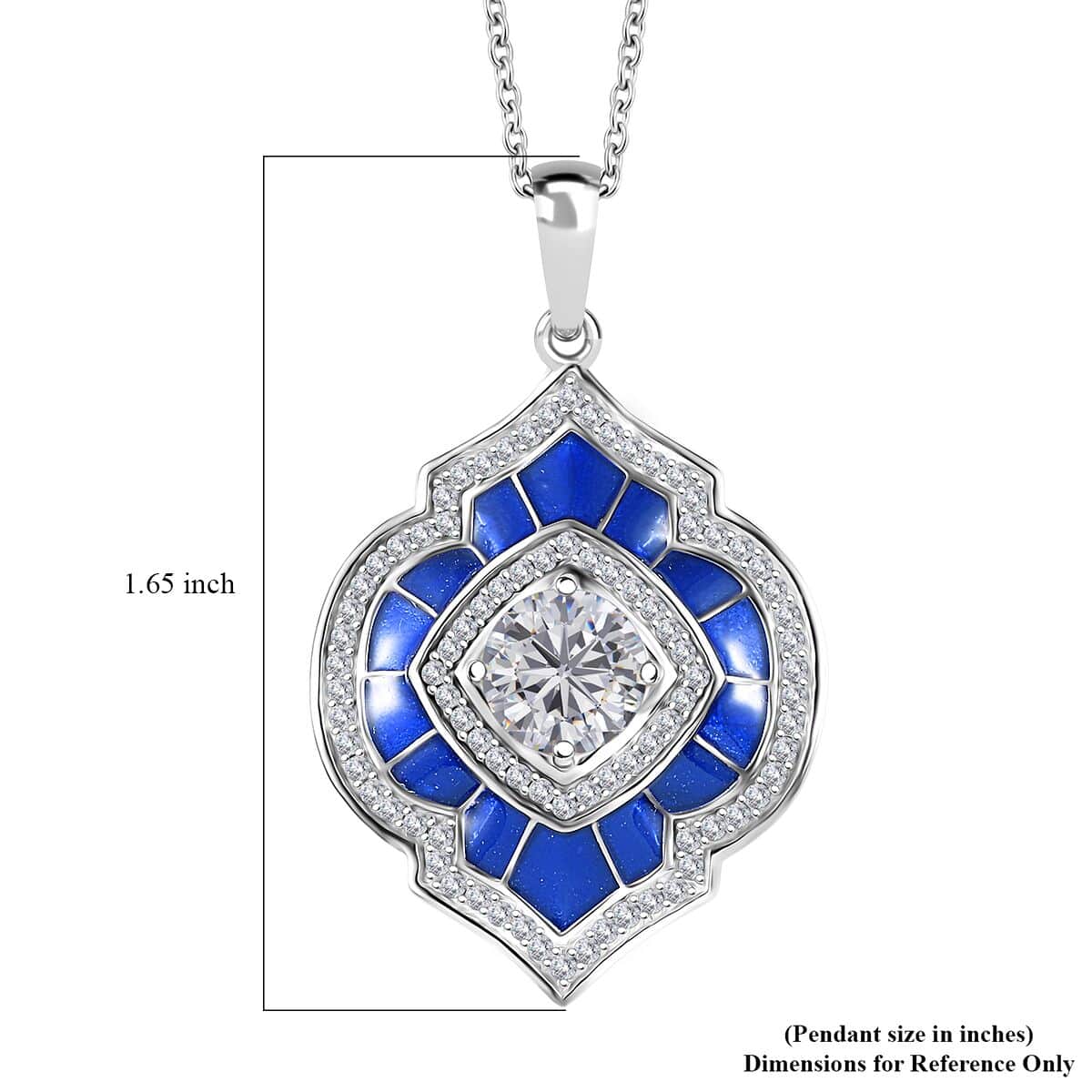 Moissanite 2.75 ctw and Blue Enameled Pendant Necklace 20 Inches in Platinum Over Sterling Silver image number 6