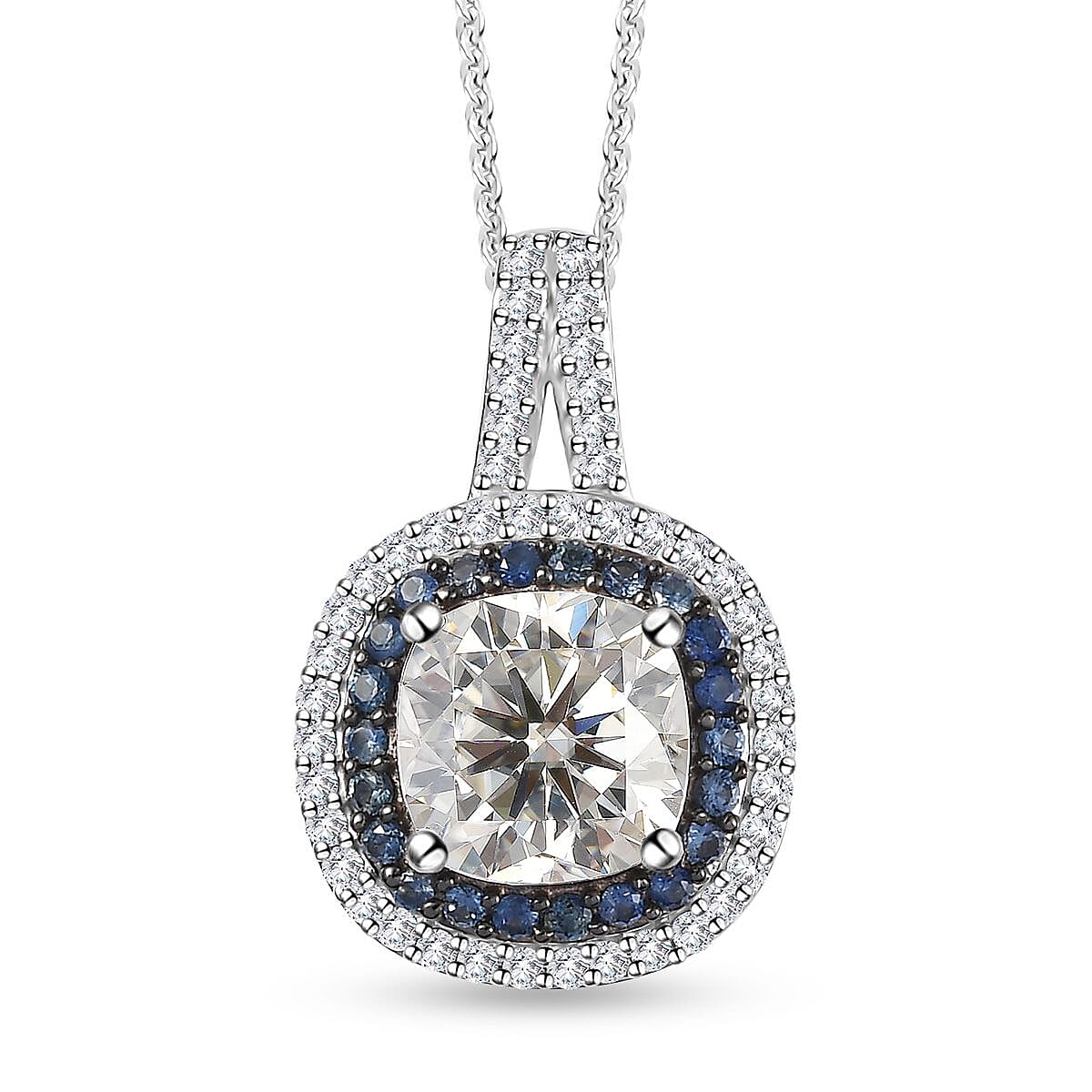 Moissanite and Kanchanaburi Blue Sapphire Double Halo Pendant Necklace 20 Inches in Platinum Over Sterling Silver 4.30 ctw image number 0