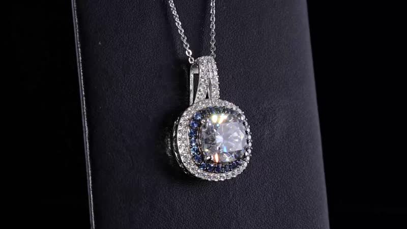 Moissanite and Kanchanaburi Blue Sapphire Double Halo Pendant Necklace 20 Inches in Platinum Over Sterling Silver 4.30 ctw