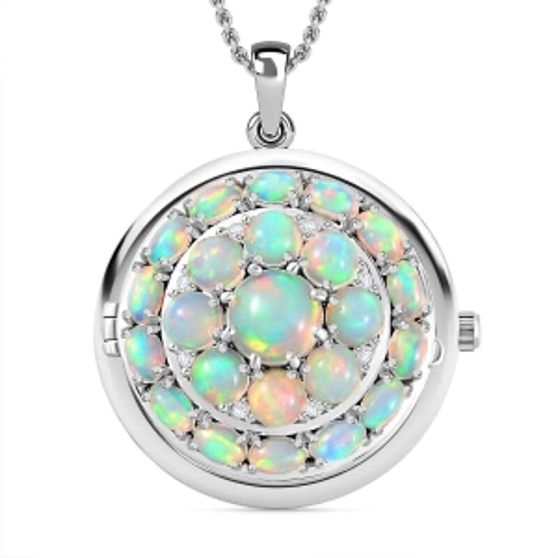Ethiopian Welo Opal and White Zircon Pendant 7.90 ctw Necklace in Rhodium Over Sterling Silver 18 Inches