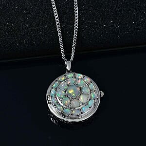 Ethiopian Welo Opal and White Zircon Pendant 7.90 ctw Necklace in Rhodium Over Sterling Silver 18 Inches