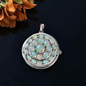 Ethiopian Welo Opal and White Zircon Pendant 7.90 ctw Necklace in Rhodium Over Sterling Silver 18 Inches