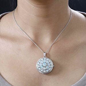 Ethiopian Welo Opal and White Zircon Pendant 7.90 ctw Necklace in Rhodium Over Sterling Silver 18 Inches