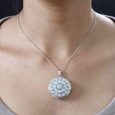 Ethiopian Welo Opal and White Zircon Pendant 7.90 ctw Necklace in Rhodium Over Sterling Silver 18 Inches