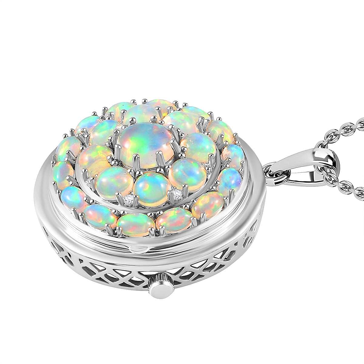 Ethiopian Welo Opal and White Zircon Pendant 7.90 ctw Necklace in Rhodium Over Sterling Silver 18 Inches