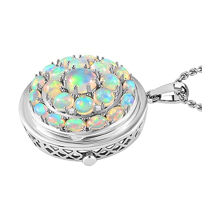 Ethiopian Welo Opal and White Zircon Pendant 7.90 ctw Necklace in Rhodium Over Sterling Silver 18 Inches