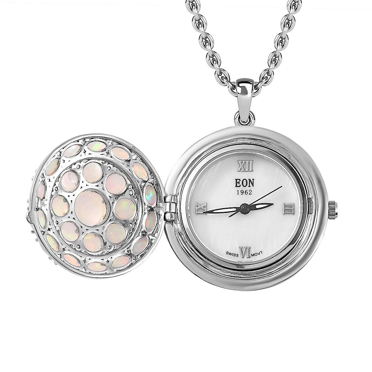 Ethiopian Welo Opal and White Zircon Pendant 7.90 ctw Necklace in Rhodium Over Sterling Silver 18 Inches