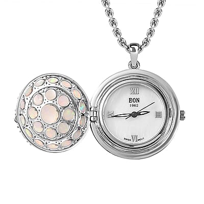 Ethiopian Welo Opal and White Zircon Pendant 7.90 ctw Necklace in Rhodium Over Sterling Silver 18 Inches