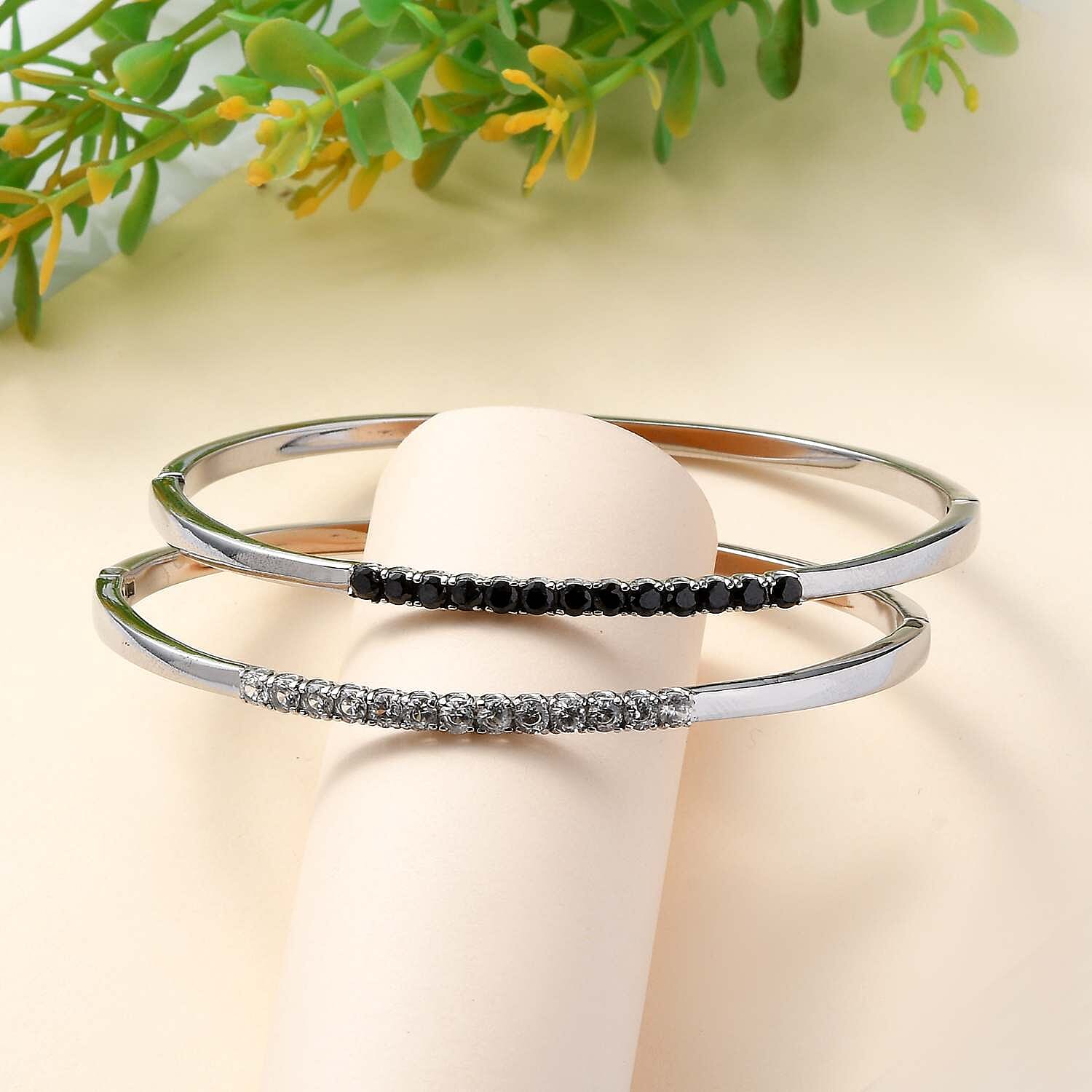 Set of 2 Thai Black Spinel and White Zircon Bangle Bracelet in Stainless Steel (6.50 In) 3.85 ctw