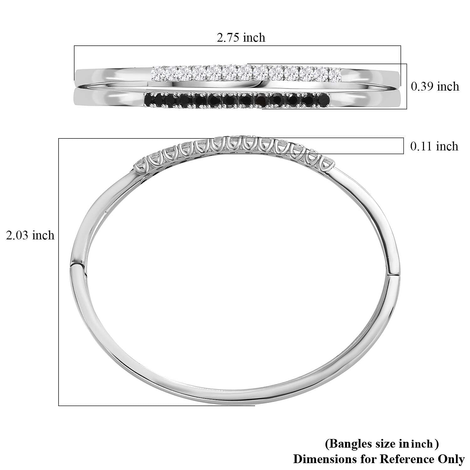 Set of 2 Thai Black Spinel and White Zircon Bangle Bracelet in Stainless Steel (6.50 In) 3.85 ctw
