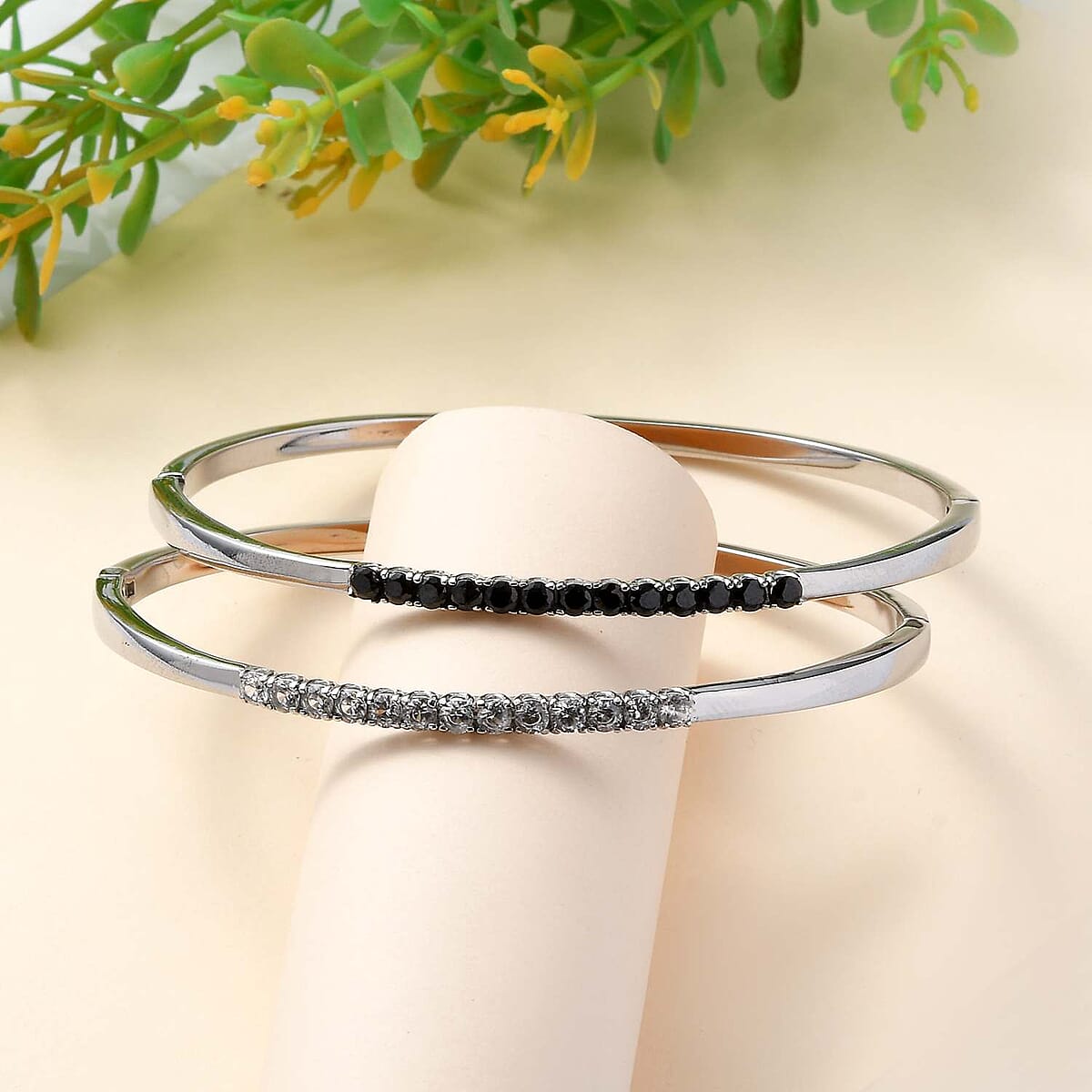 Set of 2 Thai Black Spinel and White Zircon Bangle Bracelet in Stainless Steel (7.25 In) 3.85 ctw image number 1