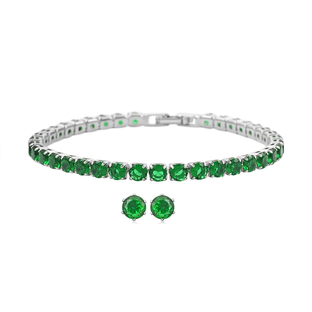 Simulated Green Diamond Earrings and Bracelet (6.75In) in Silvertone image number 0