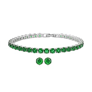 Simulated Green Diamond Earrings and Bracelet (6.75In) in Silvertone
