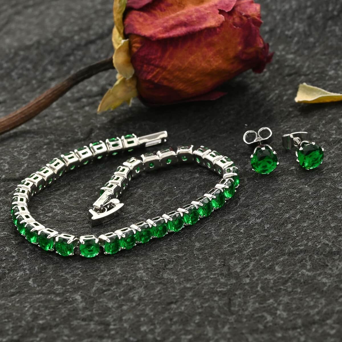 Simulated Green Diamond Earrings and Bracelet (6.75In) in Silvertone image number 1