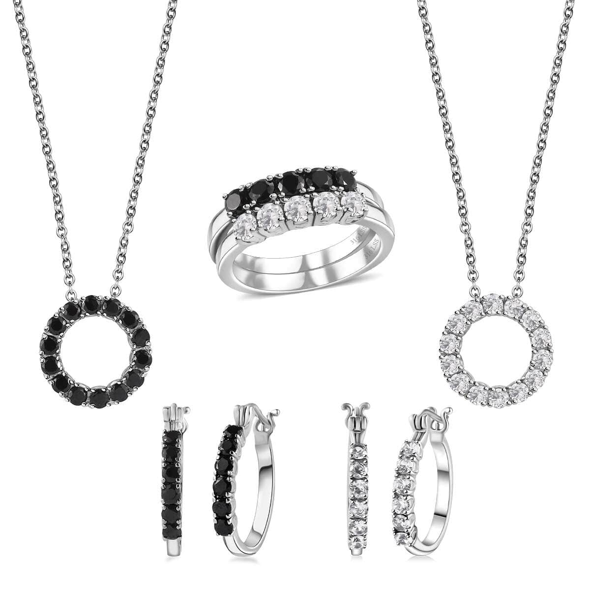 6 Piece Set - Thai Black Spinel, White Zircon Earrings, Ring (Size 5) and Pendant Necklace (20 Inches) in Stainless Steel 9.00 ctw image number 0