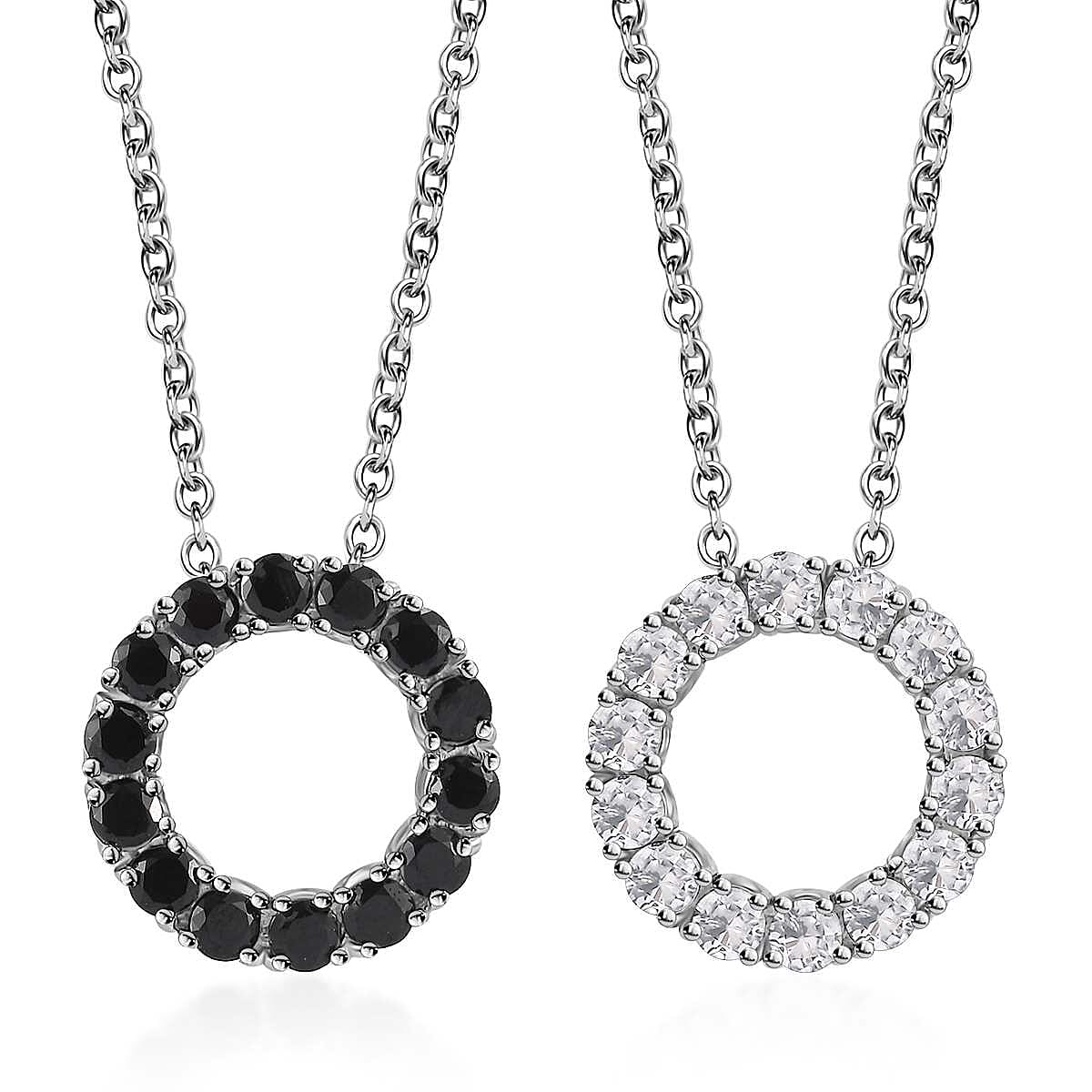6 Piece Set Thai Black Spinel, White Zircon Hoop Earrings, 5 Stone Ring Size 5 and Circle Pendant Necklace 20 Inches in Stainless Steel 9.00 ctw