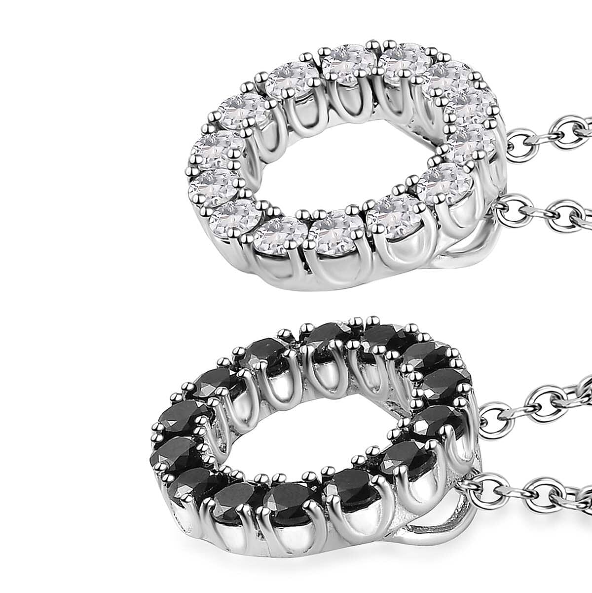 6 Piece Set Thai Black Spinel, White Zircon Hoop Earrings, 5 Stone Ring Size 5 and Circle Pendant Necklace 20 Inches in Stainless Steel 9.00 ctw