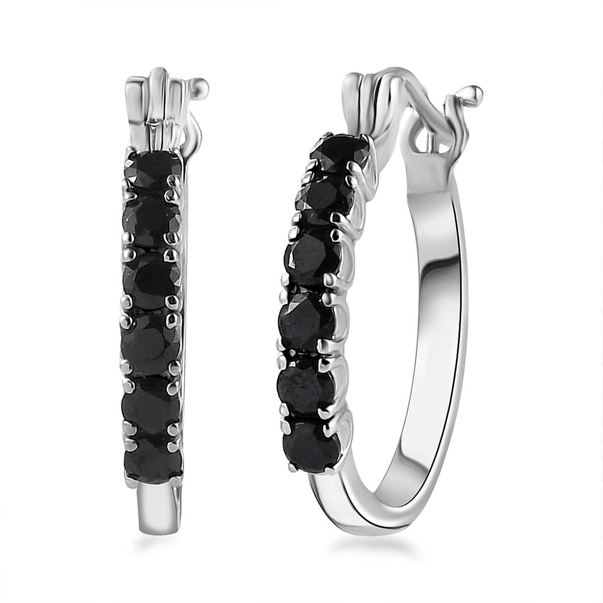 6 Piece Set Thai Black Spinel, White Zircon Hoop Earrings, 5 Stone Ring Size 5 and Circle Pendant Necklace 20 Inches in Stainless Steel 9.00 ctw