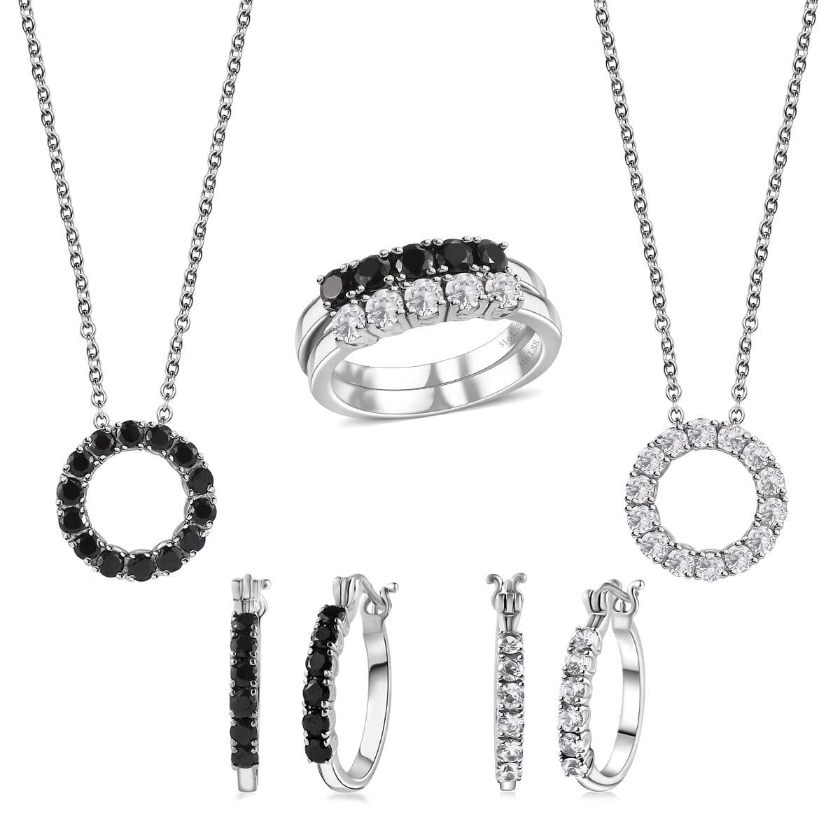 6 Piece Set - Thai Black Spinel, White Zircon Hoop Earrings, 5 Stone Ring Size 6 and Circle Pendant Necklace 20 Inches in Stainless Steel 9.00 ctw image number 0