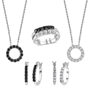 6 Piece Set - Thai Black Spinel, White Zircon Hoop Earrings, 5 Stone Ring Size 6 and Circle Pendant Necklace 20 Inches in Stainless Steel 9.00 ctw