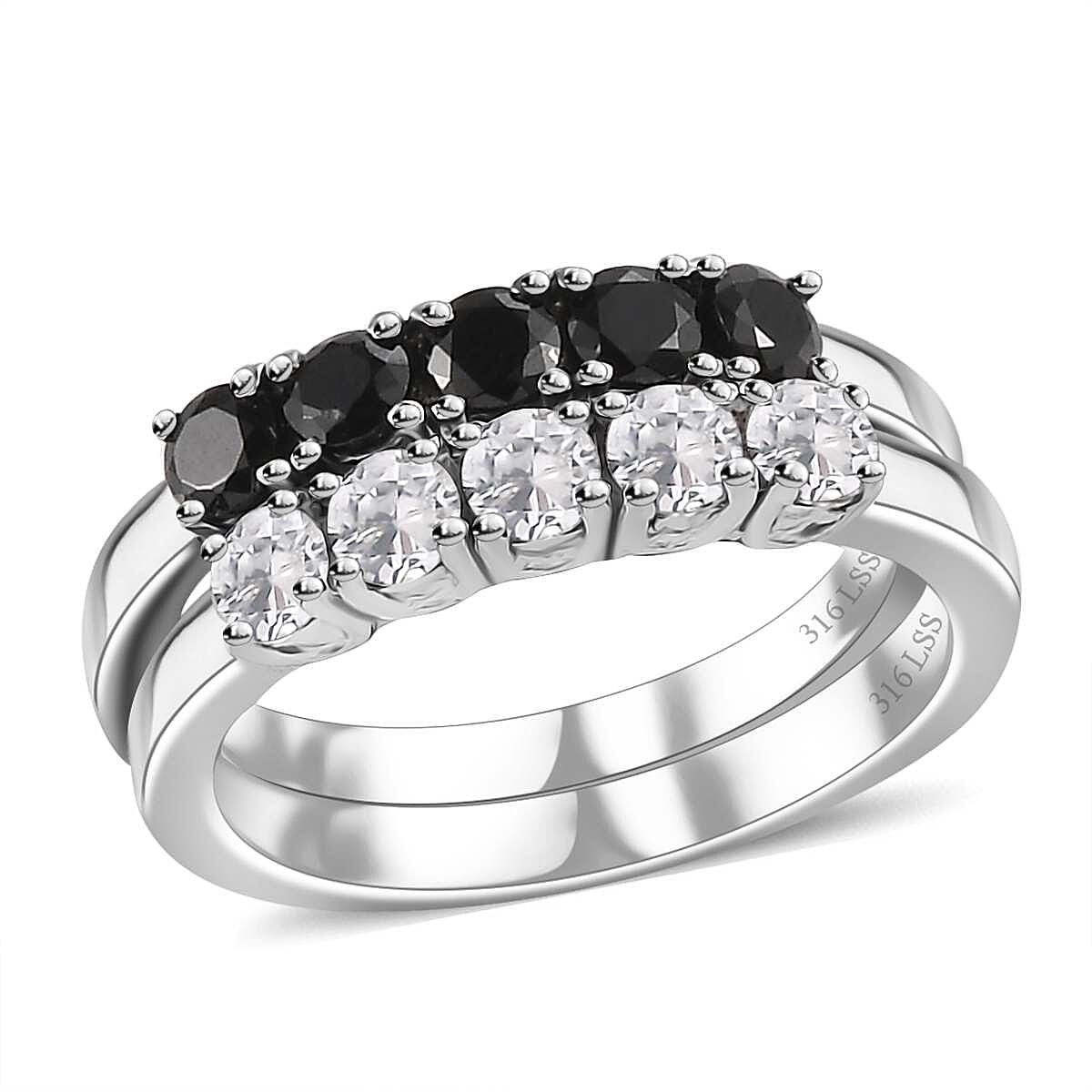 6 Piece Set - Thai Black Spinel, White Zircon Hoop Earrings, 5 Stone Ring Size 7 and Circle Pendant Necklace 20 Inches in Stainless Steel 9.00 ctw image number 2