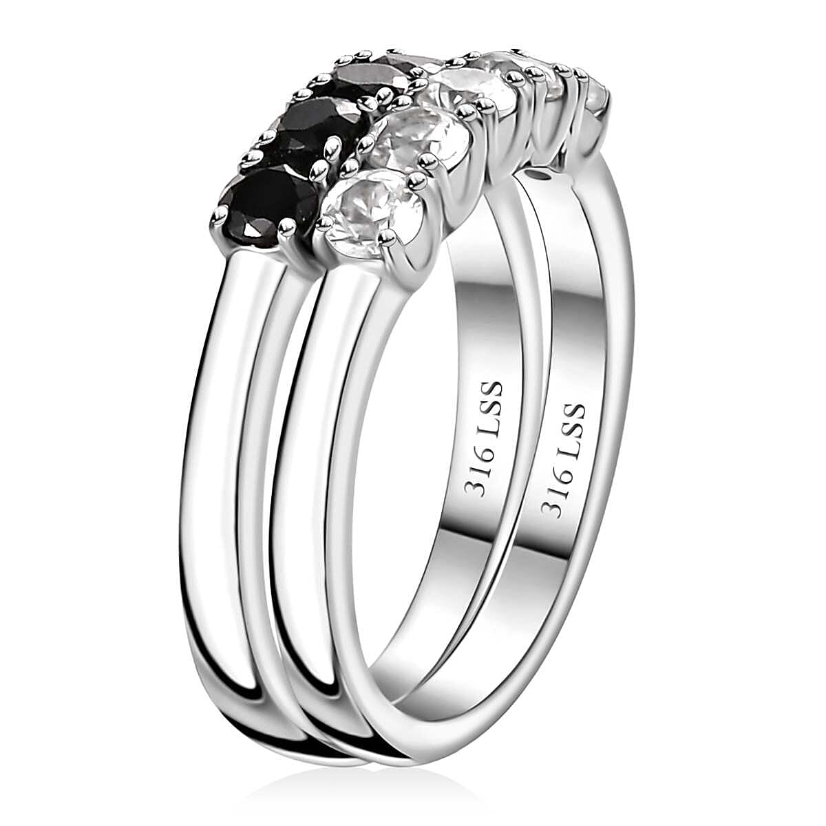 6 Piece Set - Thai Black Spinel, White Zircon Hoop Earrings, 5 Stone Ring Size 7 and Circle Pendant Necklace 20 Inches in Stainless Steel 9.00 ctw image number 3