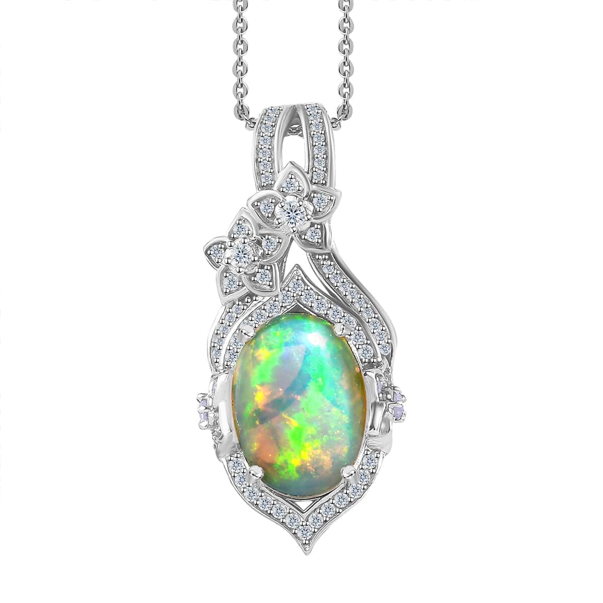 Premium Ethiopian Welo Opal and White Zircon Pendant Necklace 20 Inches in Platinum Over Sterling Silver 4.50 ctw image number 0