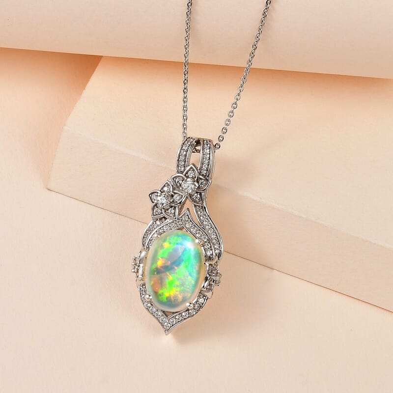 Premium Ethiopian Welo Opal and White Zircon Pendant Necklace 20 Inches in Platinum Over Sterling Silver 4.50 ctw