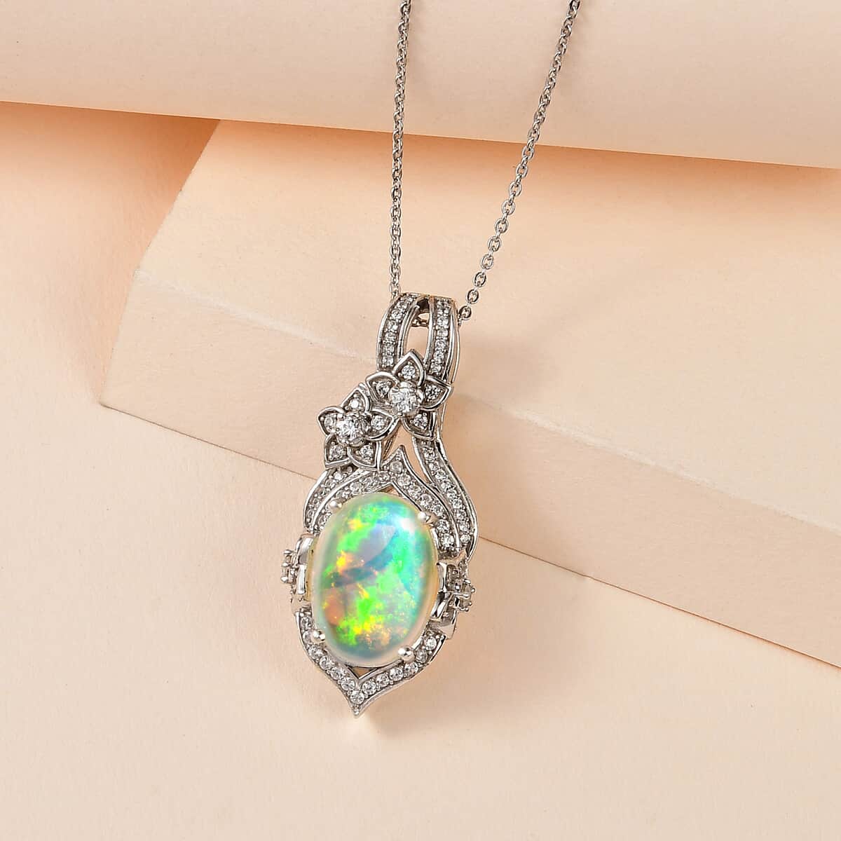 Premium Ethiopian Welo Opal and White Zircon Pendant Necklace 20 Inches in Platinum Over Sterling Silver 4.50 ctw image number 1