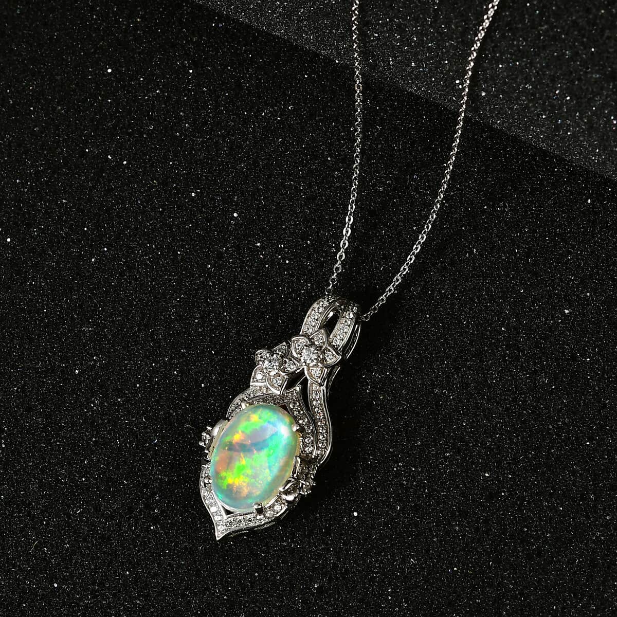 Premium Ethiopian Welo Opal and White Zircon Pendant Necklace 20 Inches in Platinum Over Sterling Silver 4.50 ctw image number 2