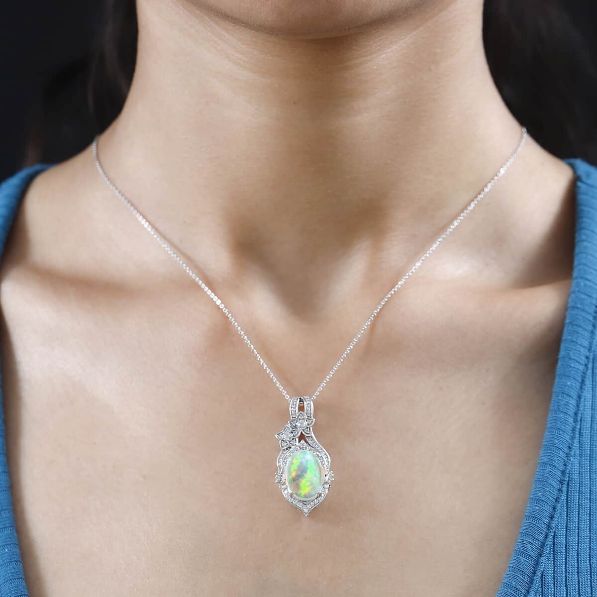 Premium Ethiopian Welo Opal and White Zircon Pendant Necklace 20 Inches in Platinum Over Sterling Silver 4.50 ctw image number 3