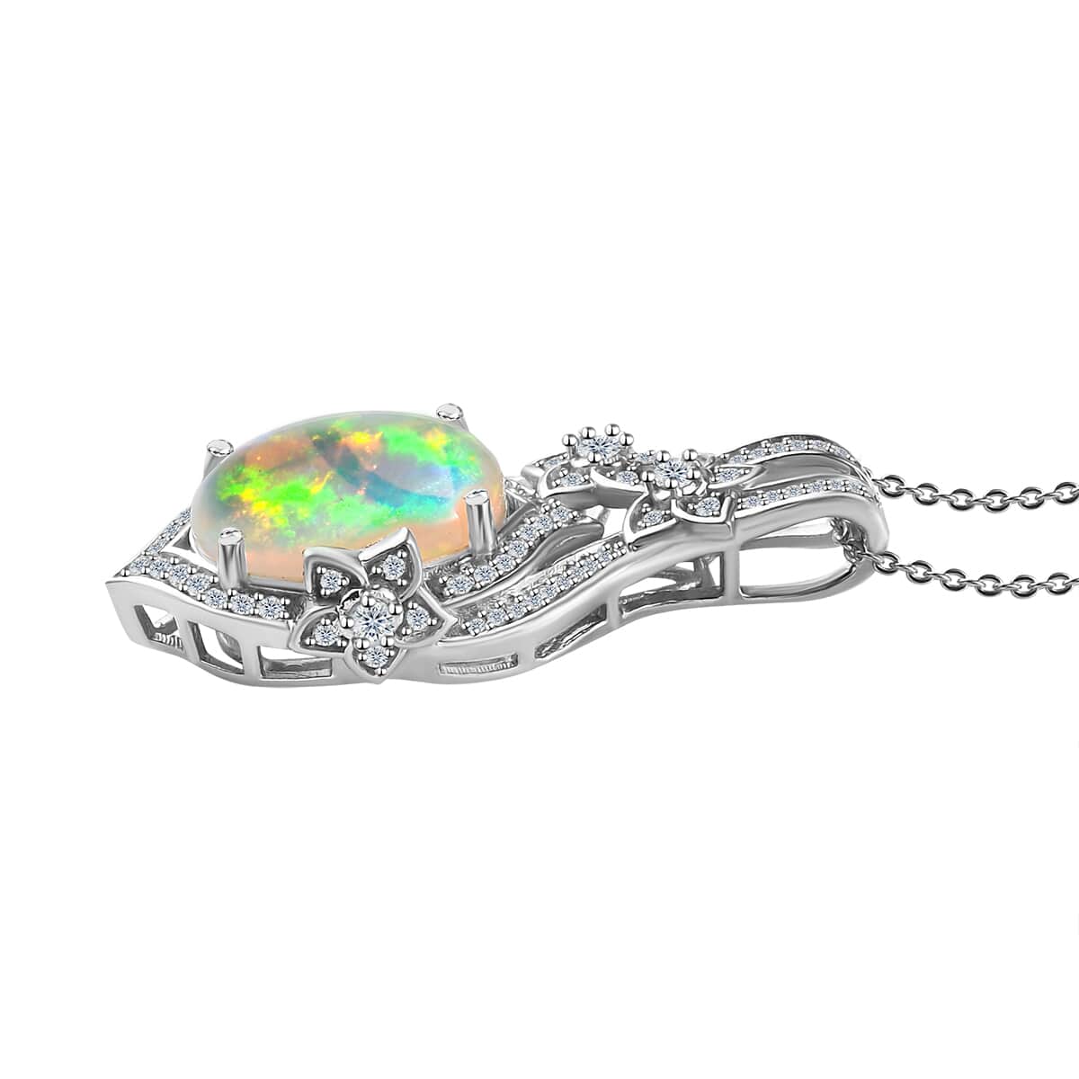 Premium Ethiopian Welo Opal and White Zircon Pendant Necklace 20 Inches in Platinum Over Sterling Silver 4.50 ctw image number 4