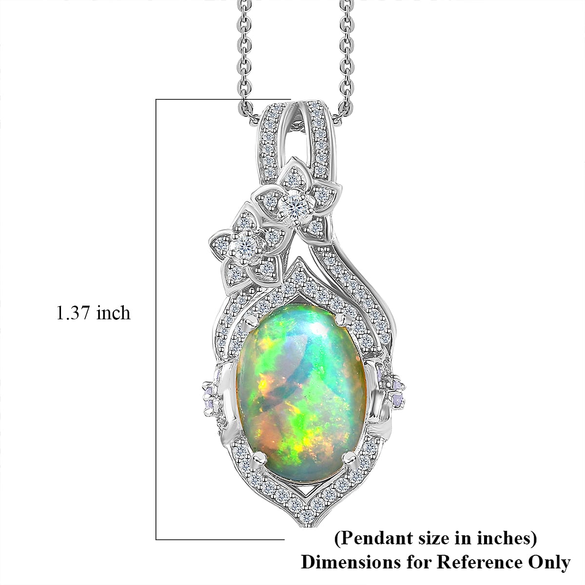 Premium Ethiopian Welo Opal and White Zircon Pendant Necklace 20 Inches in Platinum Over Sterling Silver 4.50 ctw