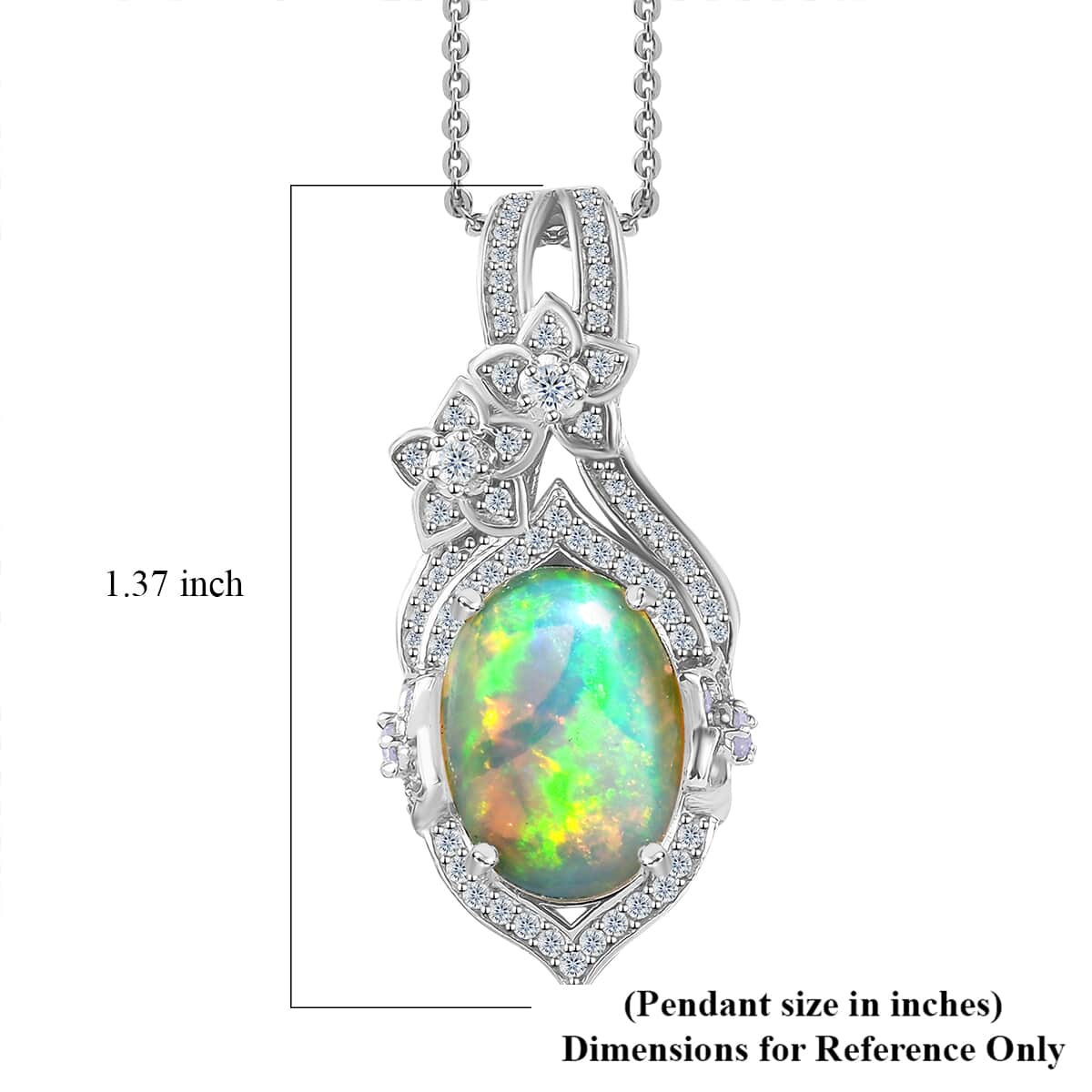Premium Ethiopian Welo Opal and White Zircon Pendant Necklace 20 Inches in Platinum Over Sterling Silver 4.50 ctw image number 6