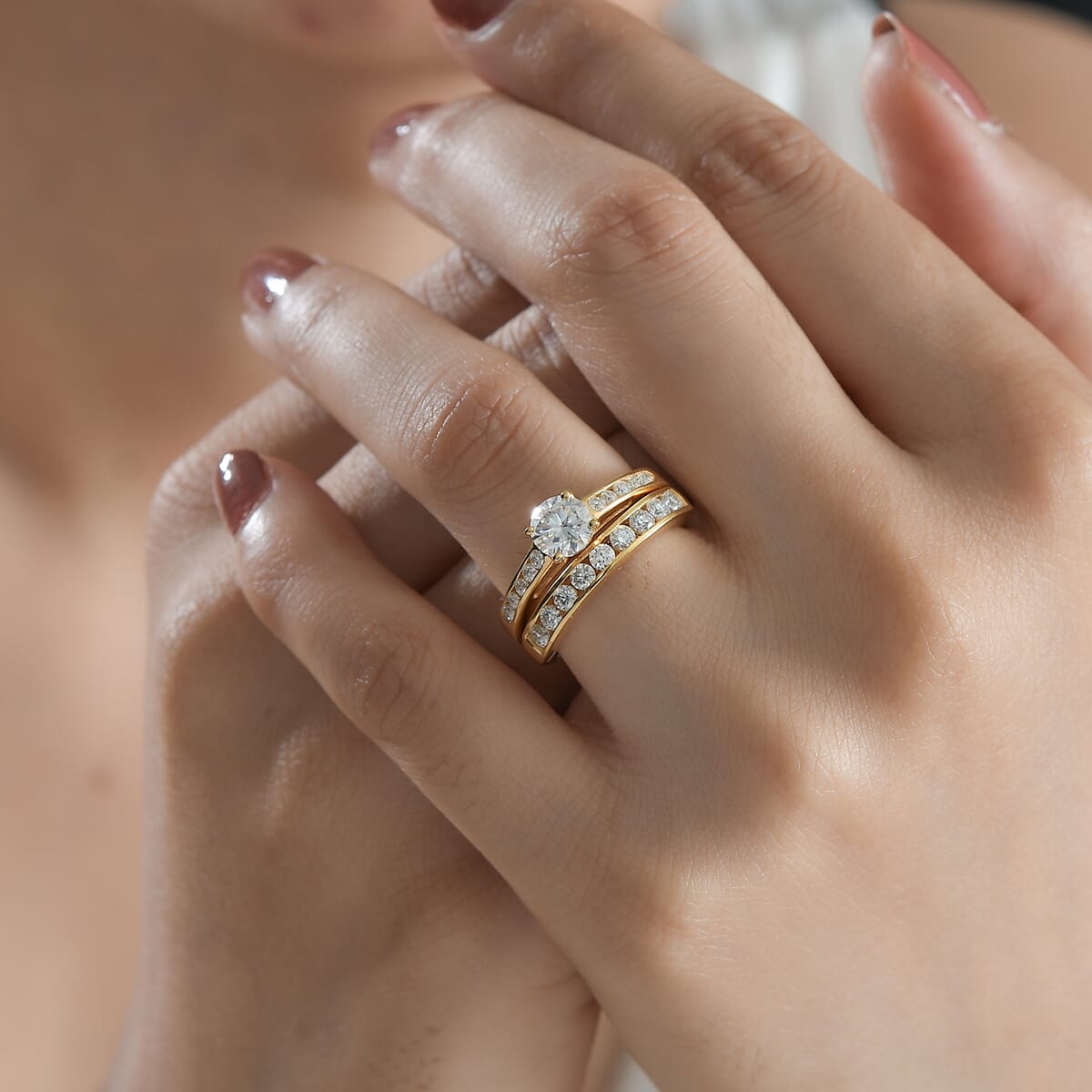 Set of 2 Moissanite 1.50 ctw Stackable Ring in Vermeil Yellow Gold Over Sterling Silver (Size 6.0) image number 2