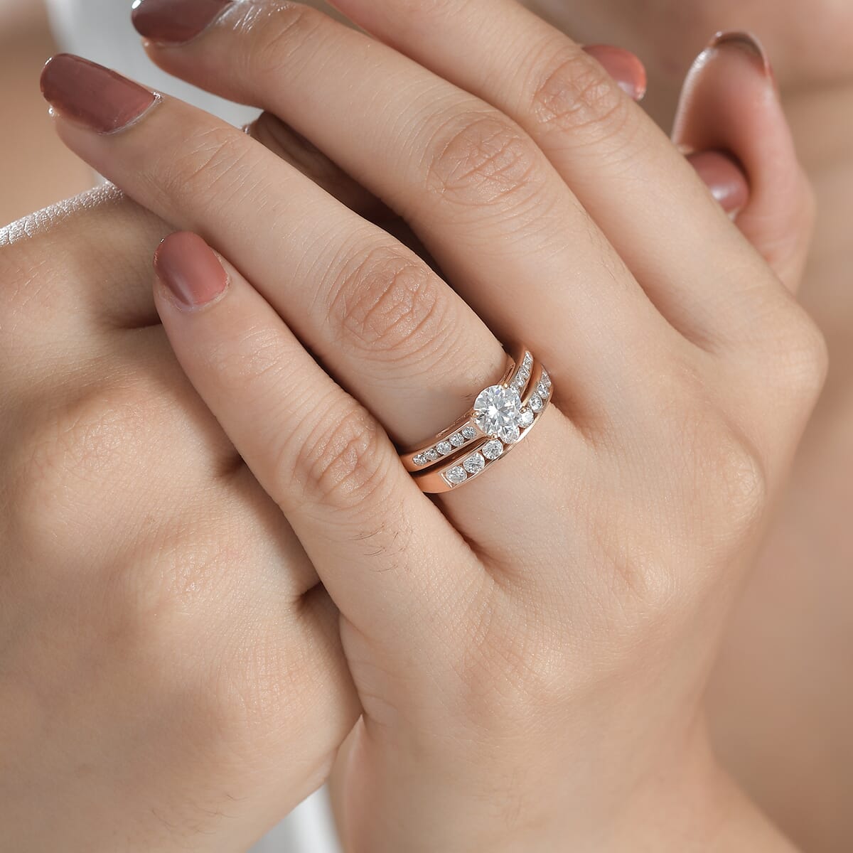 Set of 2 Moissanite 1.50 ctw Stackable Ring in Vermeil Rose Gold Over Sterling Silver (Size 9.0) image number 2