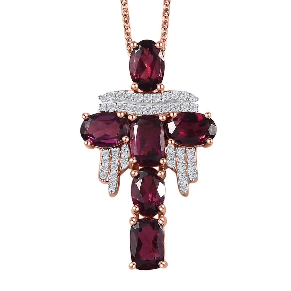 GP Royal Art Deco Collection Orissa Rhodolite Garnet and White Zircon Cross Pendant Necklace 20 Inches in Vermeil Rose Gold Over Sterling Silver 4.20 ctw image number 0