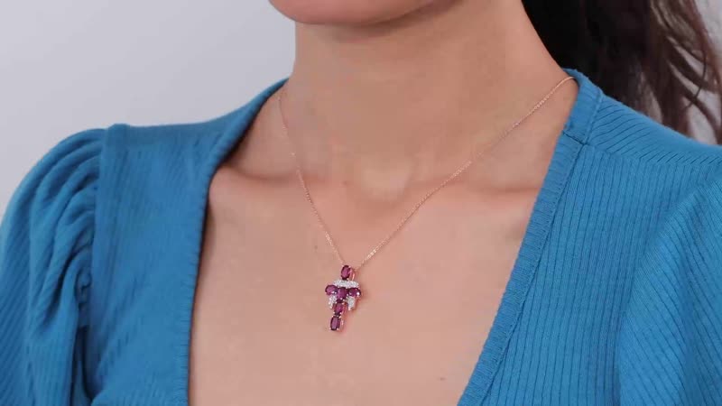 GP Royal Art Deco Collection Orissa Rhodolite Garnet and White Zircon Cross Pendant Necklace 20 Inches in Vermeil Rose Gold Over Sterling Silver 4.20 ctw