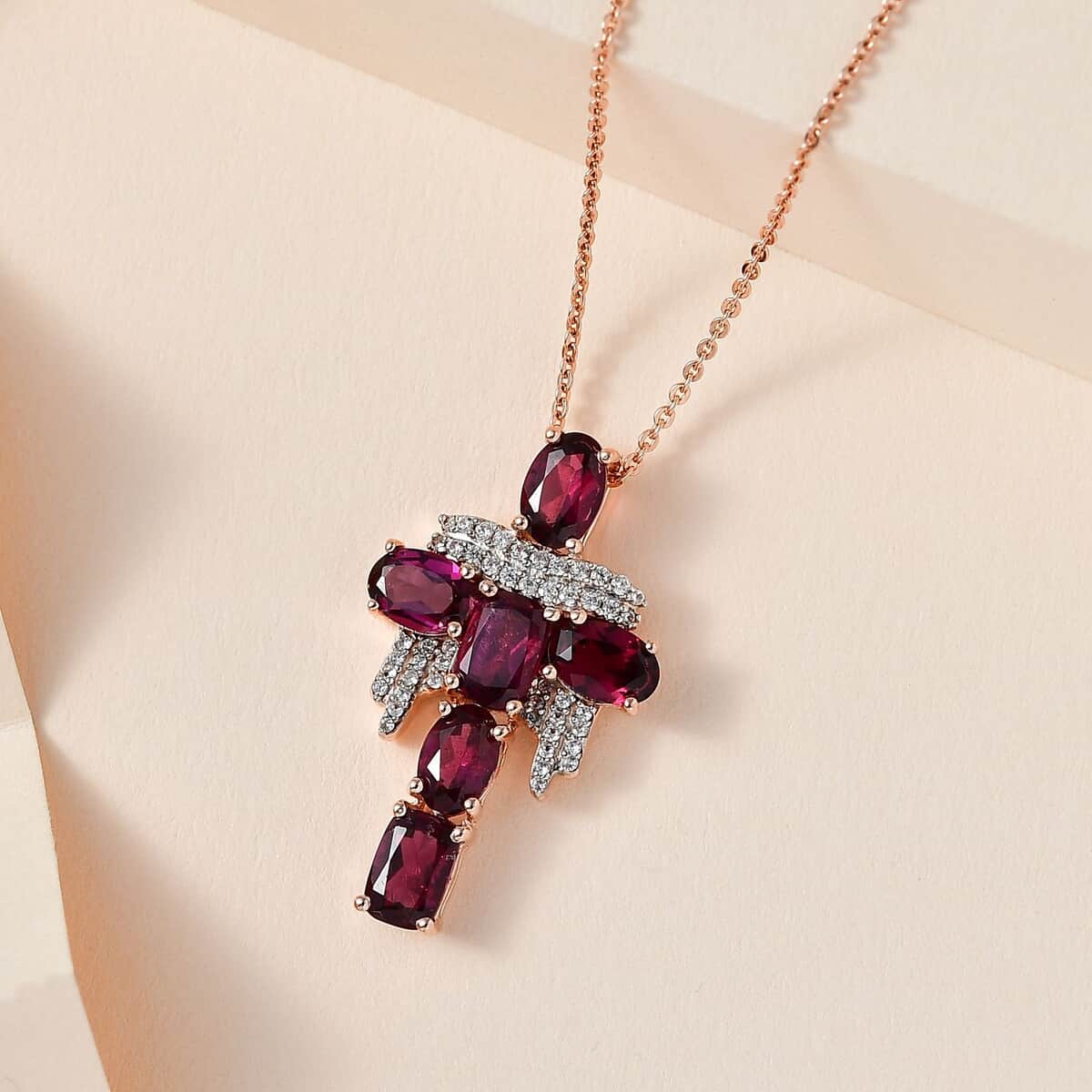 GP Royal Art Deco Collection Orissa Rhodolite Garnet and White Zircon Cross Pendant Necklace 20 Inches in Vermeil Rose Gold Over Sterling Silver 4.20 ctw image number 1